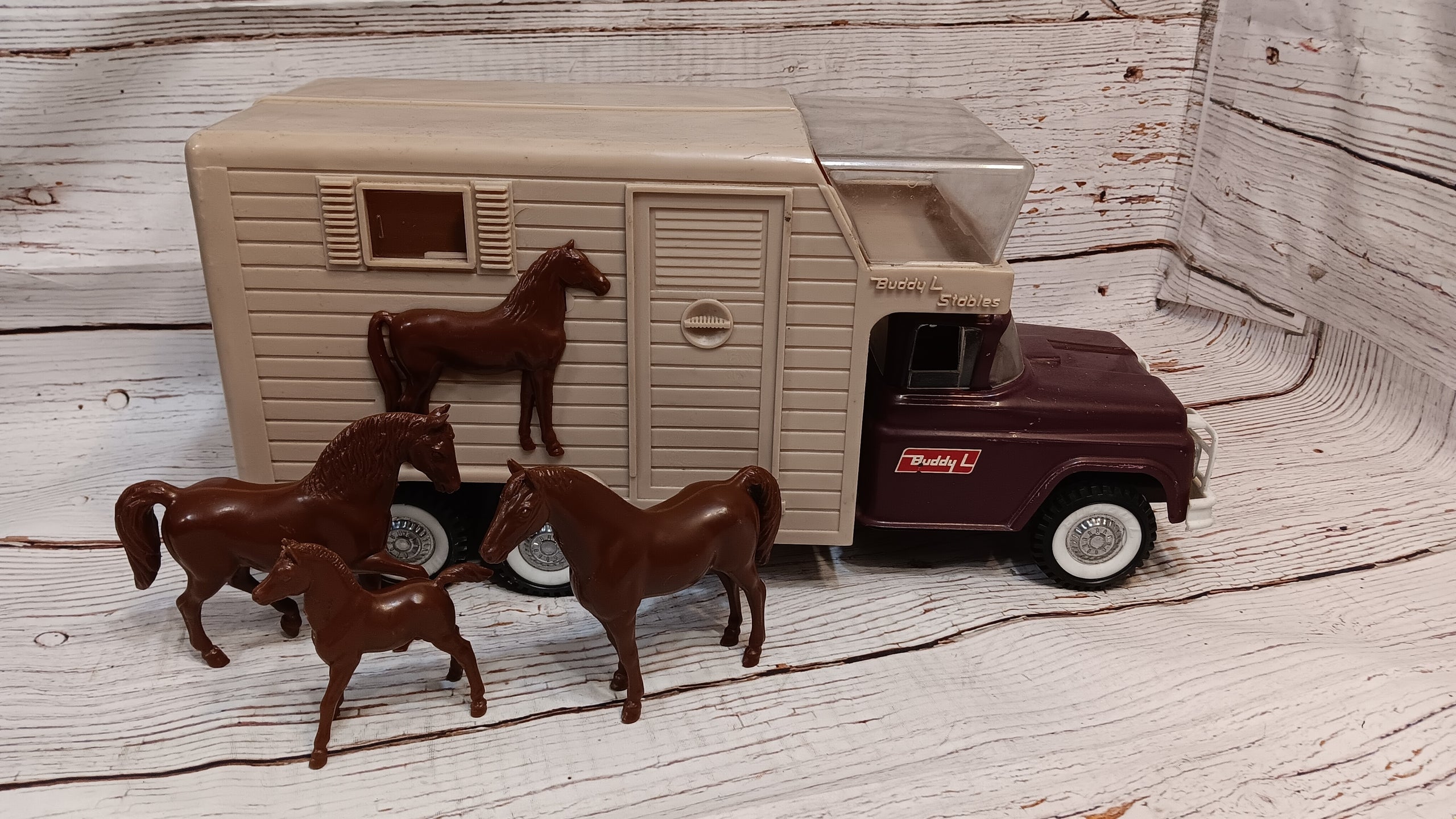 Vintage Pressed Steel and Plastic 1960 s Buddy L Stables Horse Farm Truck with Plastic Horse Family Rusty Raven LLC